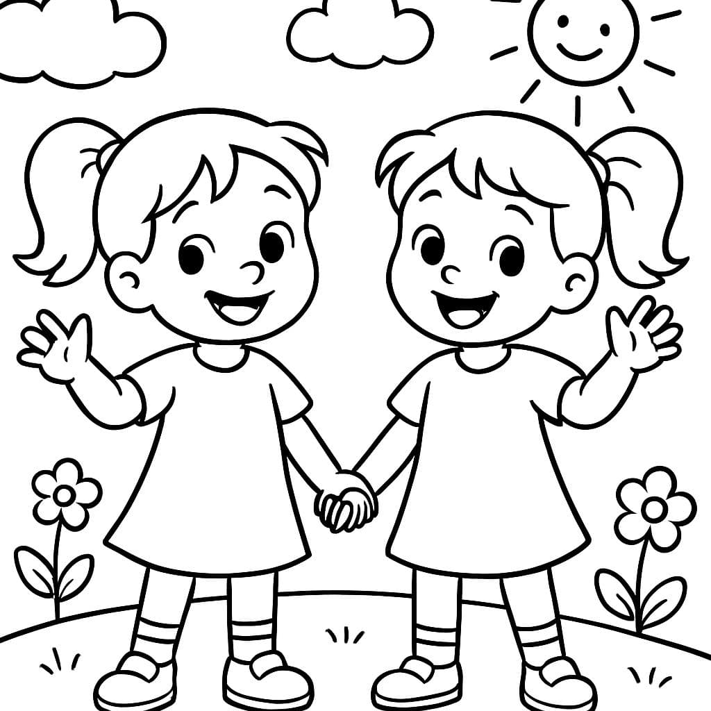 Zwillingsschwestern zum Ausmalen für den Kindergarten