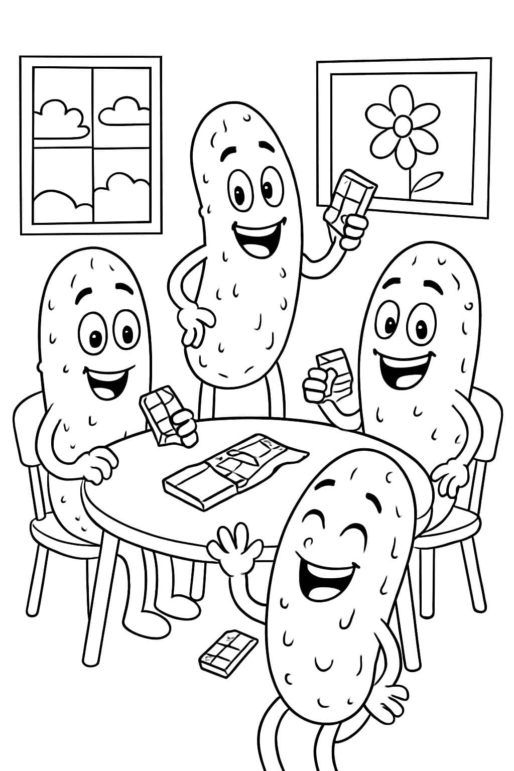 eine Gewürzgurke sitzt an einem Tisch und isst Schokolade