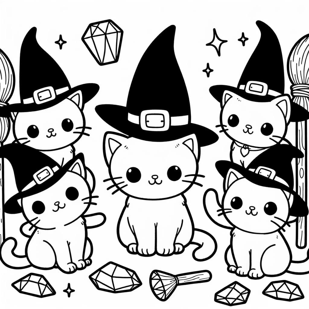 Gatos sentados en grupo usando sombreros de bruja rodeados de escobas y joyas