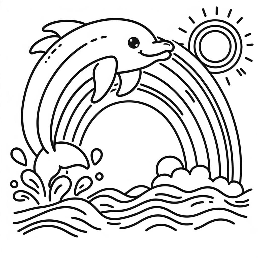 a dolphin that is flying out of the water with a rainbow in the background