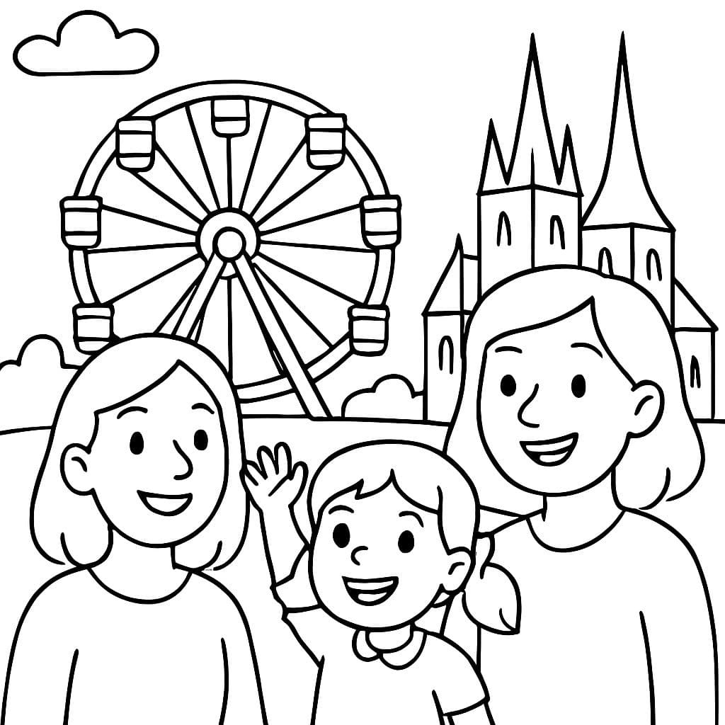 Créez une page à colorier avec deux femmes adultes et une petite fille de 4 ans montant une grande roue devant la cathédrale d'Erfurt.