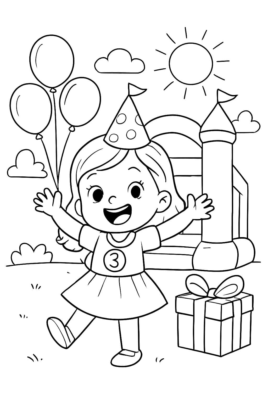 3-jähriges Mädchen Geburtstagsparty im Sommer mit einer Hüpfburg.