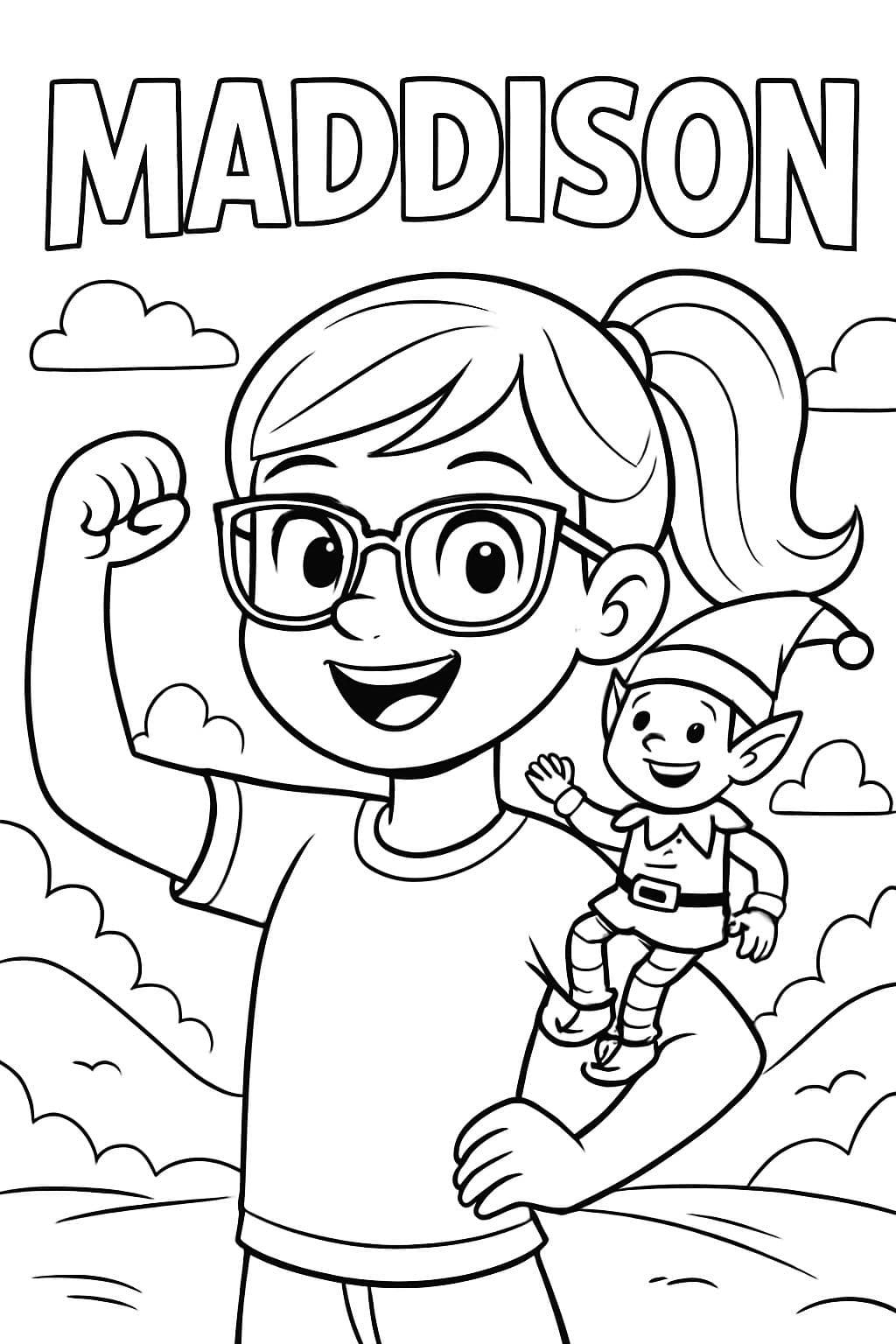 menina com óculos, cabelo em um rabo de cavalo, elfo na prateleira em seu ombro, Maddison escrito acima da menina.