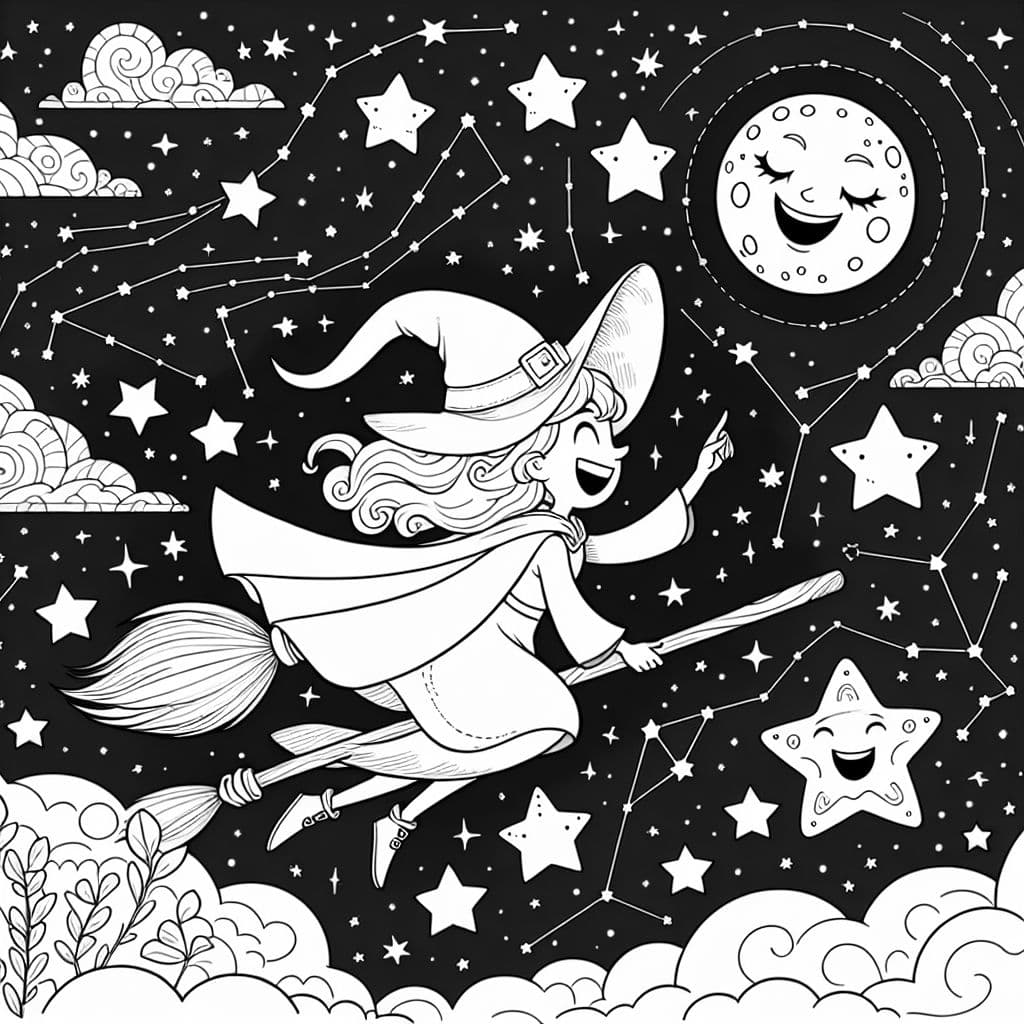 A witch riding on a magic broom trough the stars