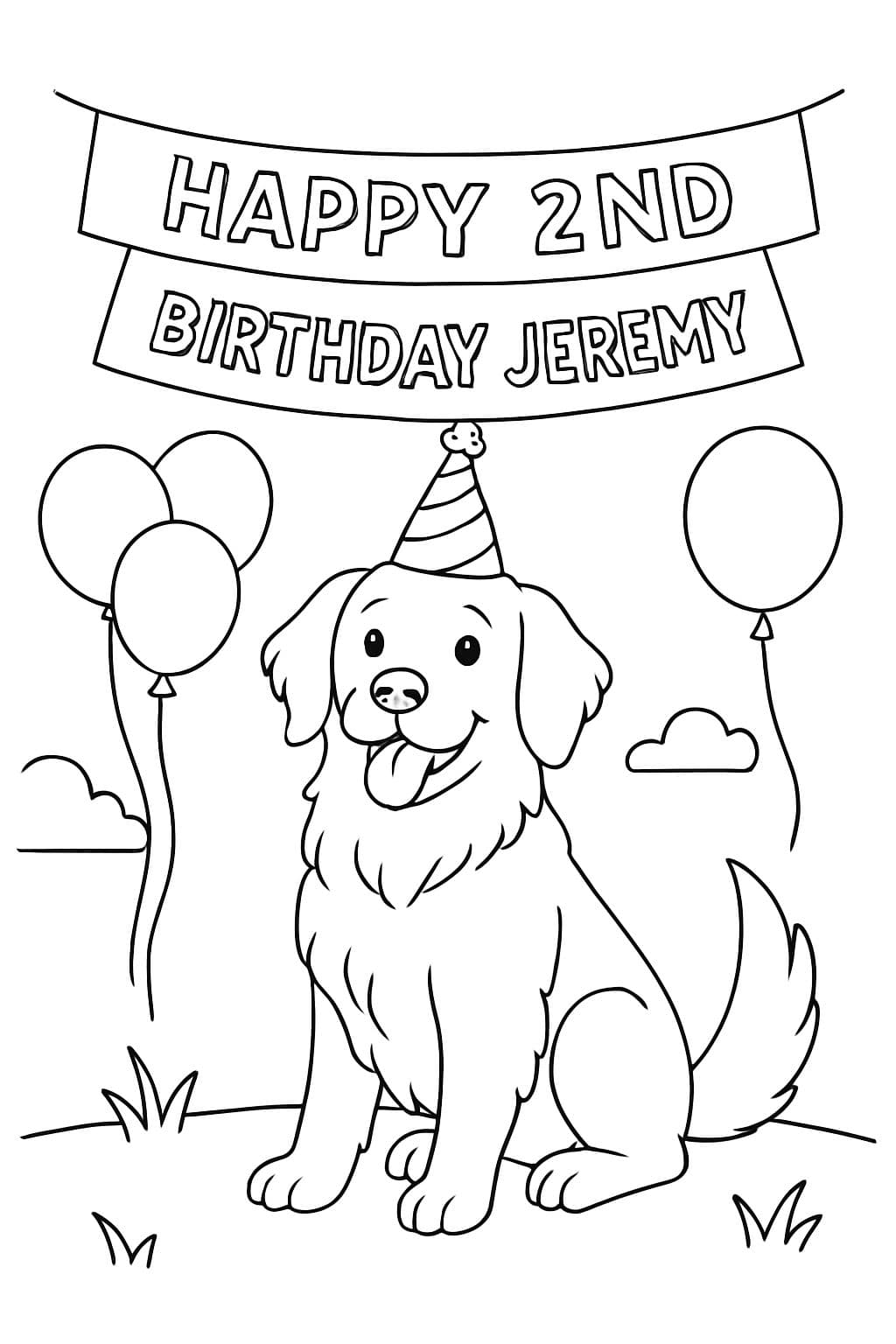 Un golden retriever con un sombrero de cumpleaños y un cartel que dice Feliz 2do cumpleaños Jeremy.