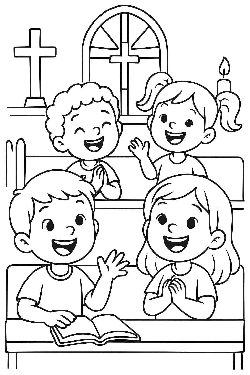 Dos niños y dos niñas en el servicio religioso