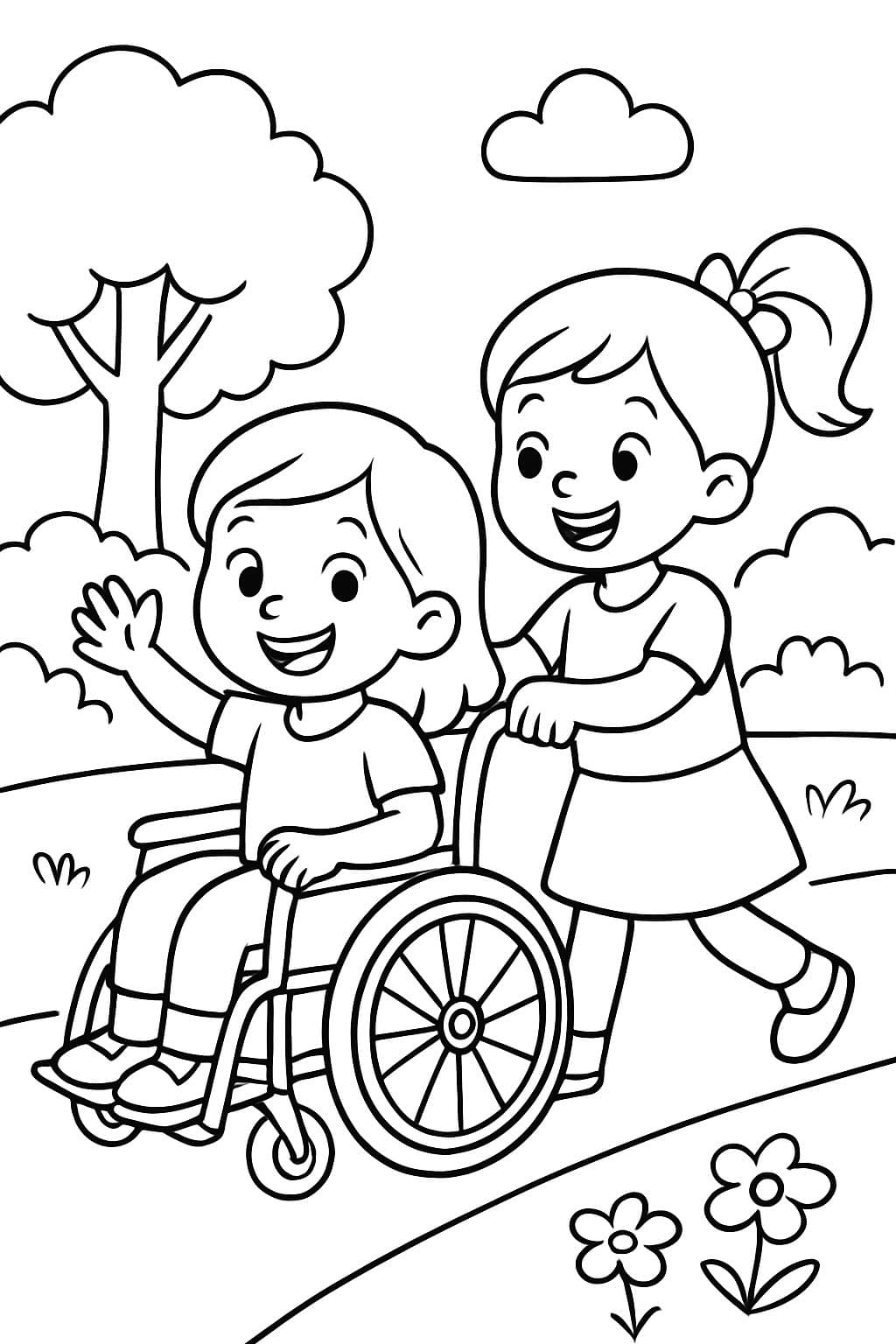 fille en fauteuil roulant avec une deuxième fille poussant dans le parc