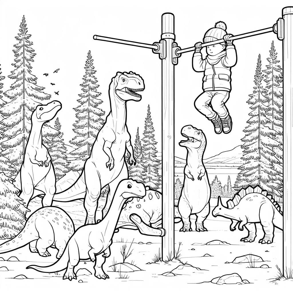 Hängendes Kind an Klimmzugstange in Finnland mlt vielen Dinosaurieren