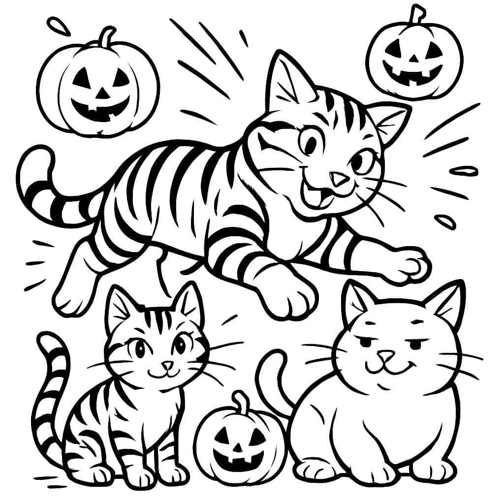 Un petit chat adulte avec des marquages tigrés sur la tête et le visage, un chat légèrement plus gros avec des couleurs unies sur la tête et le visage, et un grand chat tigré plein avec du blanc sur les pattes, le ventre et le bout de la queue. Avec de petites citrouilles avec des visages autour.