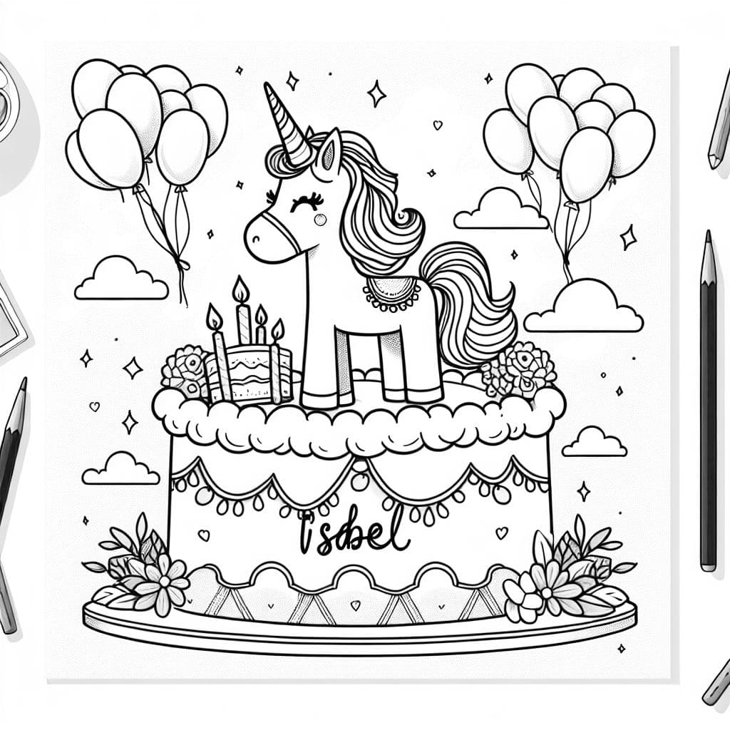 pastel de cumpleaños de unicornio con el nombre Isabel