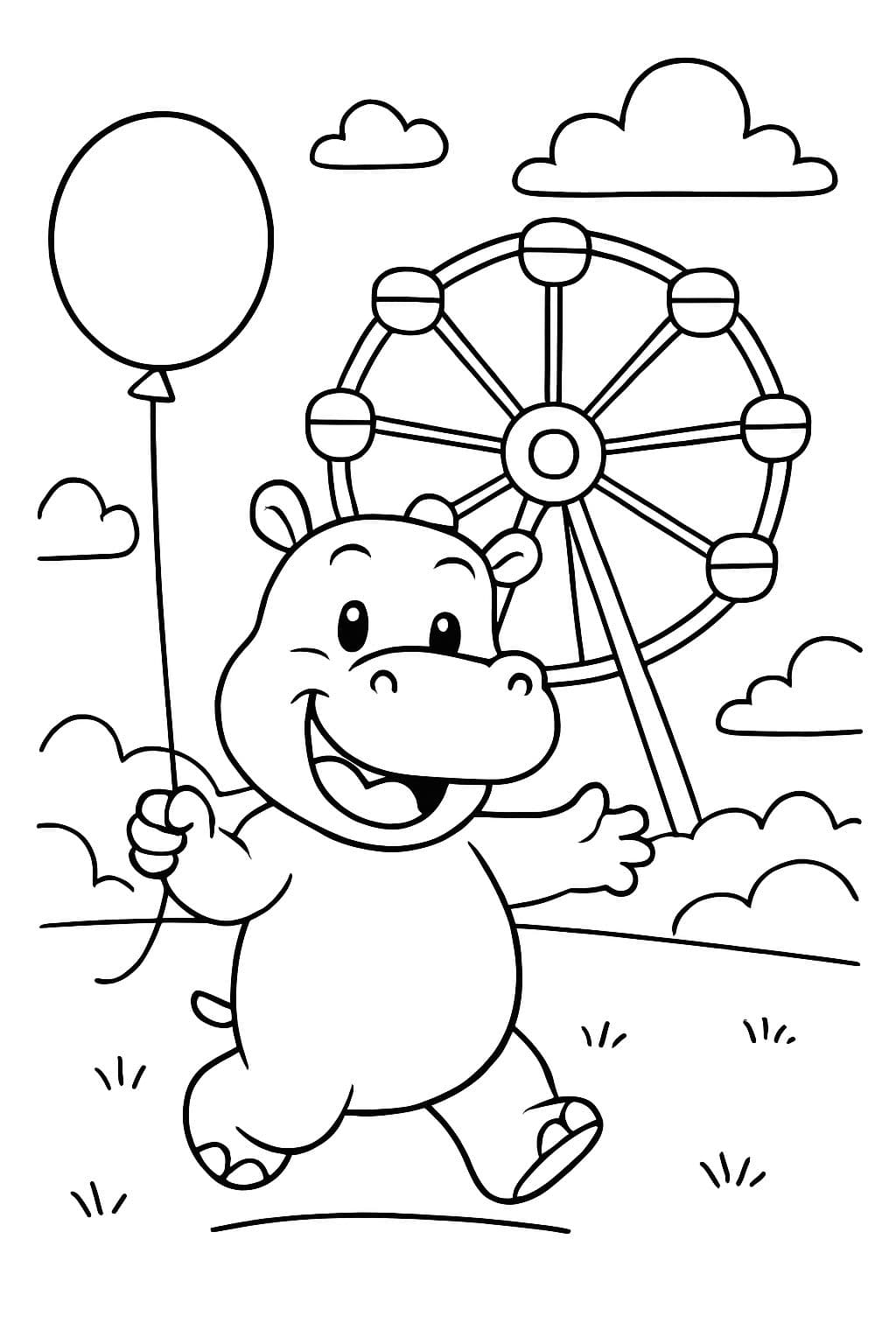 Ein nilpfer hält einen Luftballon und steht vor einem riesenrad