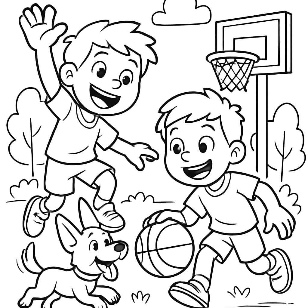 2 garçons et un chien aux oreilles pointues jouant au basketball