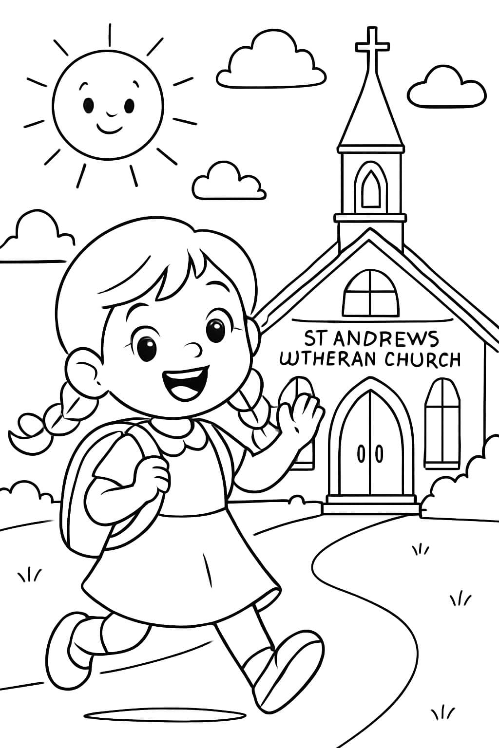 Erster Tag im Vorschulkindergarten in einer Kirche. Ein kleines Mädchen in einem Kleid mit geflochtenen Zöpfen. Auf der Vorderseite der Kirche steht St. Andrews Lutheran Church.