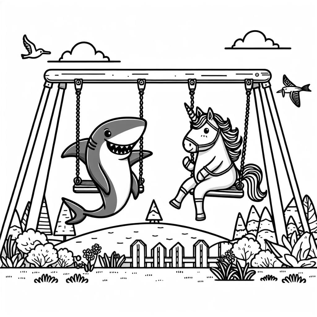 A shark and unicorn on the swings in a playground