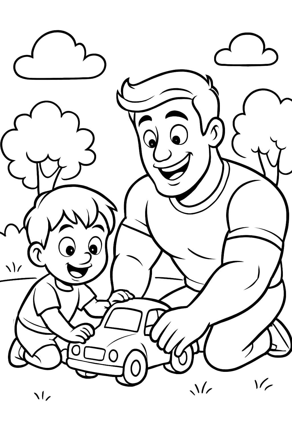 a little boy of 3 years with dark blonde hair and next to him his uncle, 30 years old, bodybuilder and bright eyes. They play car together