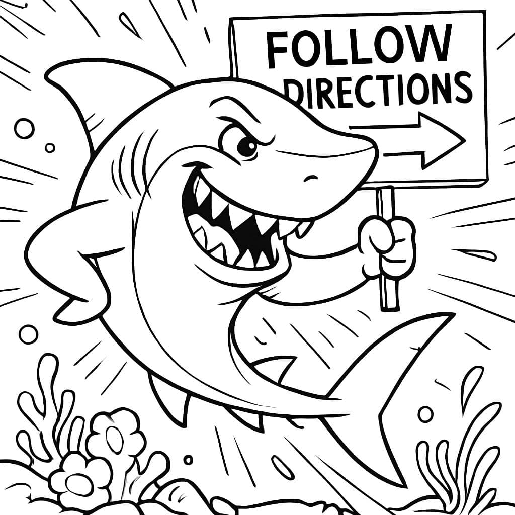 un requin détaillé et mignon qui intègre la phrase "suivre les directions"