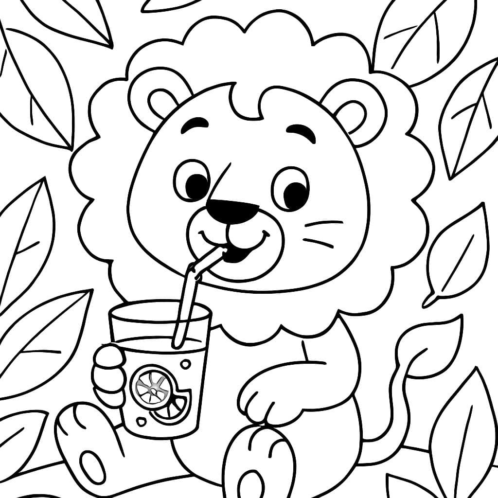 Löwe, der Limonade trinkt, mit einem Blätterhintergrund.