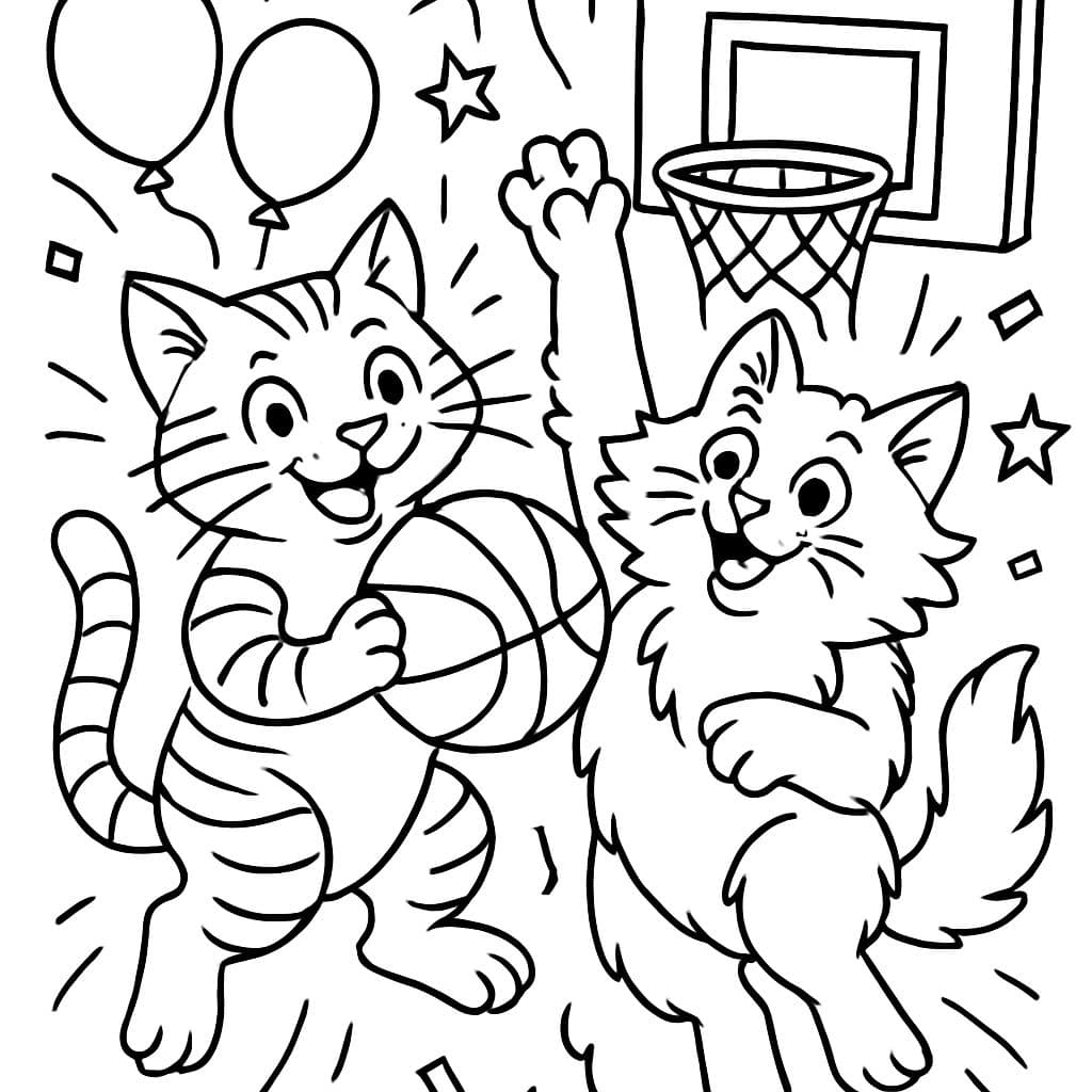 Tarjeta de cumpleaños de baloncesto con un gato atigrado y un gato negro y blanco esponjoso.