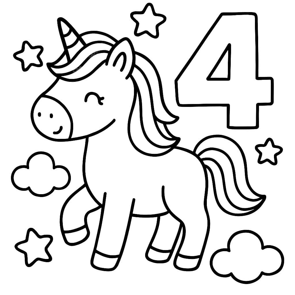 A cute unicorn coloring page for preschoolers, very simple line art with bold outlines, minimal details, no shading, clear white background. The unicorn should look friendly and easy to color, surrounded by stars or clouds. Include a large number ‘4’ in the design to represent a 4th birthday. Black and white line drawing, coloring book style.