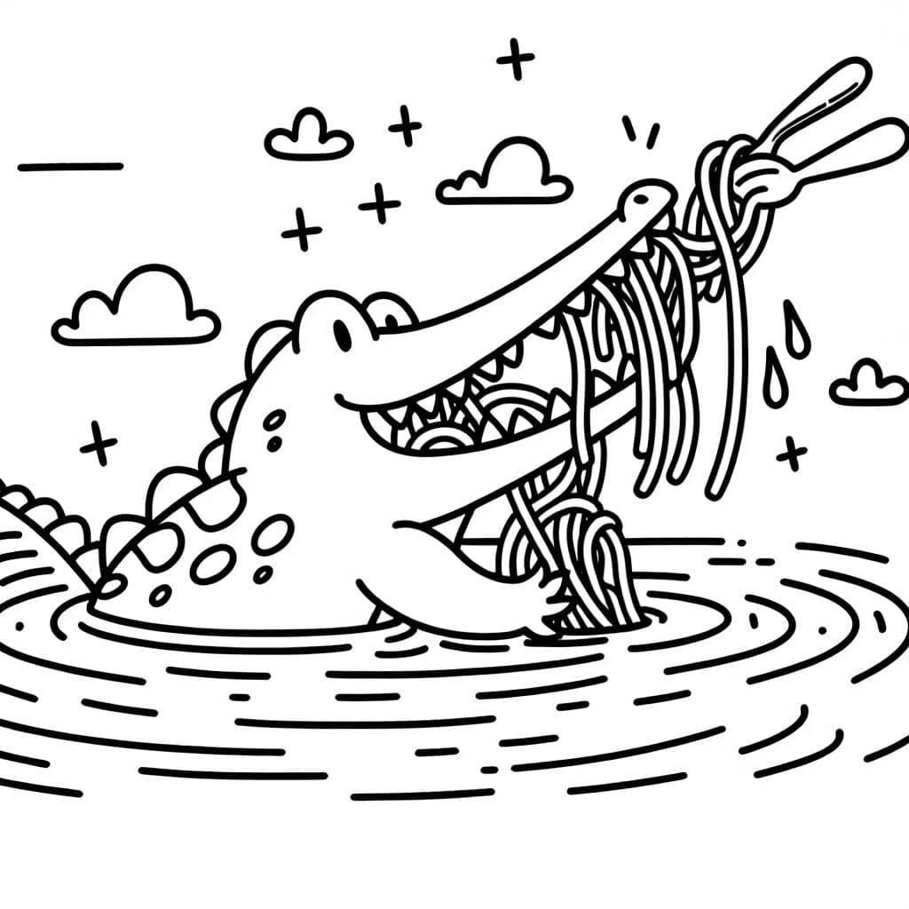 ein Krokodil das im Fluss schwimmt und Spagetti mit Soße isst.