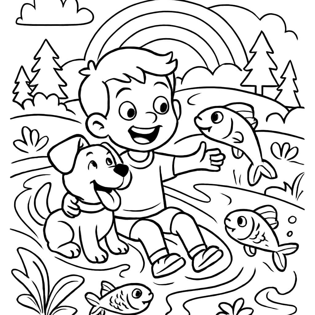 Garçon et chien dans une rivière magique avec des poissons