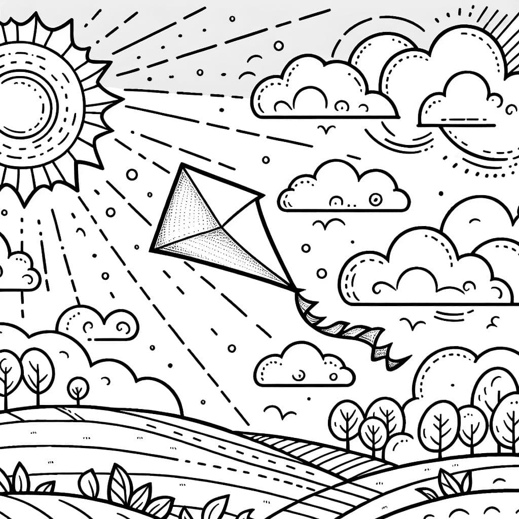 Un cerf-volant coloré vole joyeusement dans un ciel avec un soleil éclatant et des nuages duveteux.