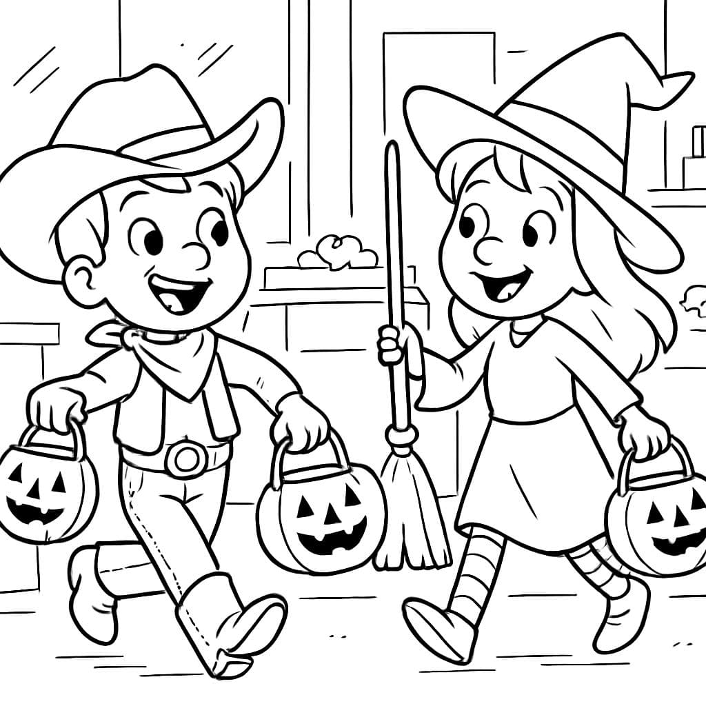 imagen de truco o trato con el tema de 'bins de descuento' con un niño como vaquero y una niña como bruja