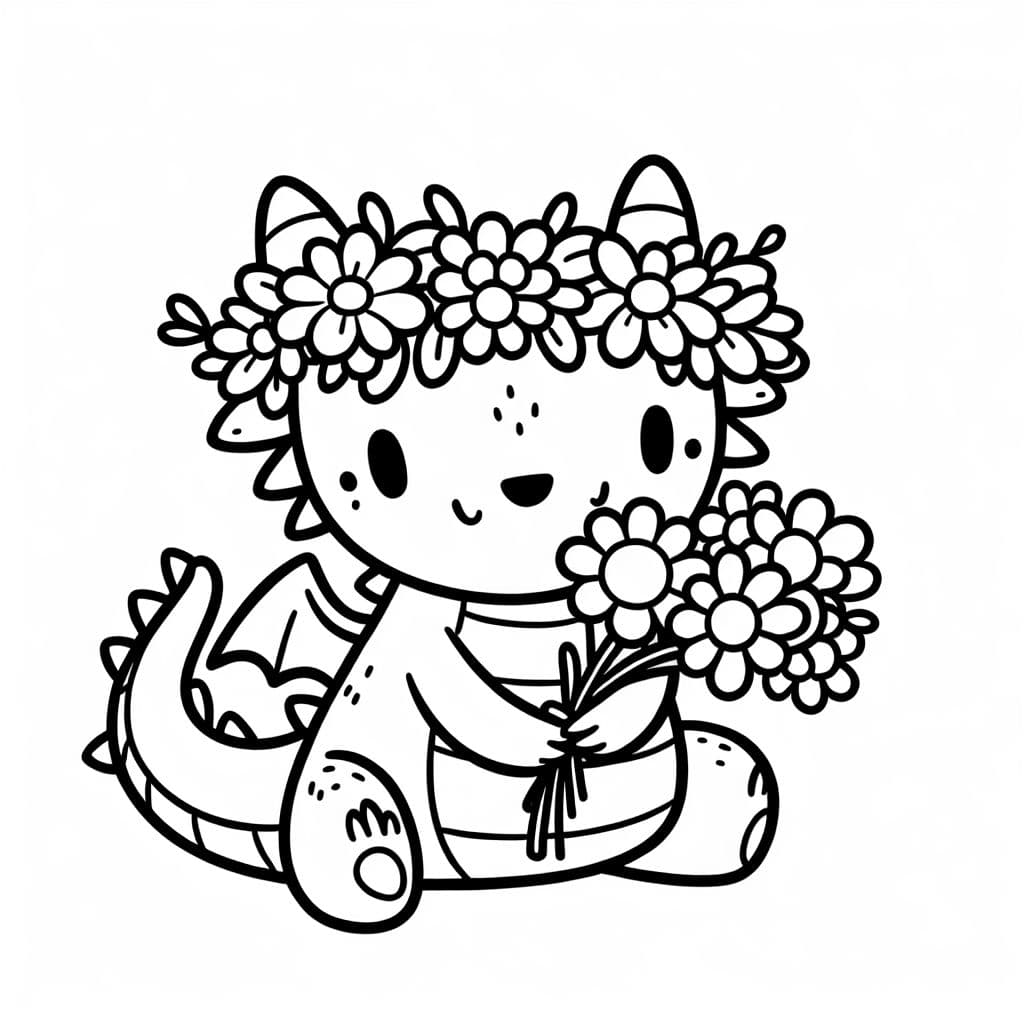 un dragón con una corona de flores en la cabeza y un ramo en las patas