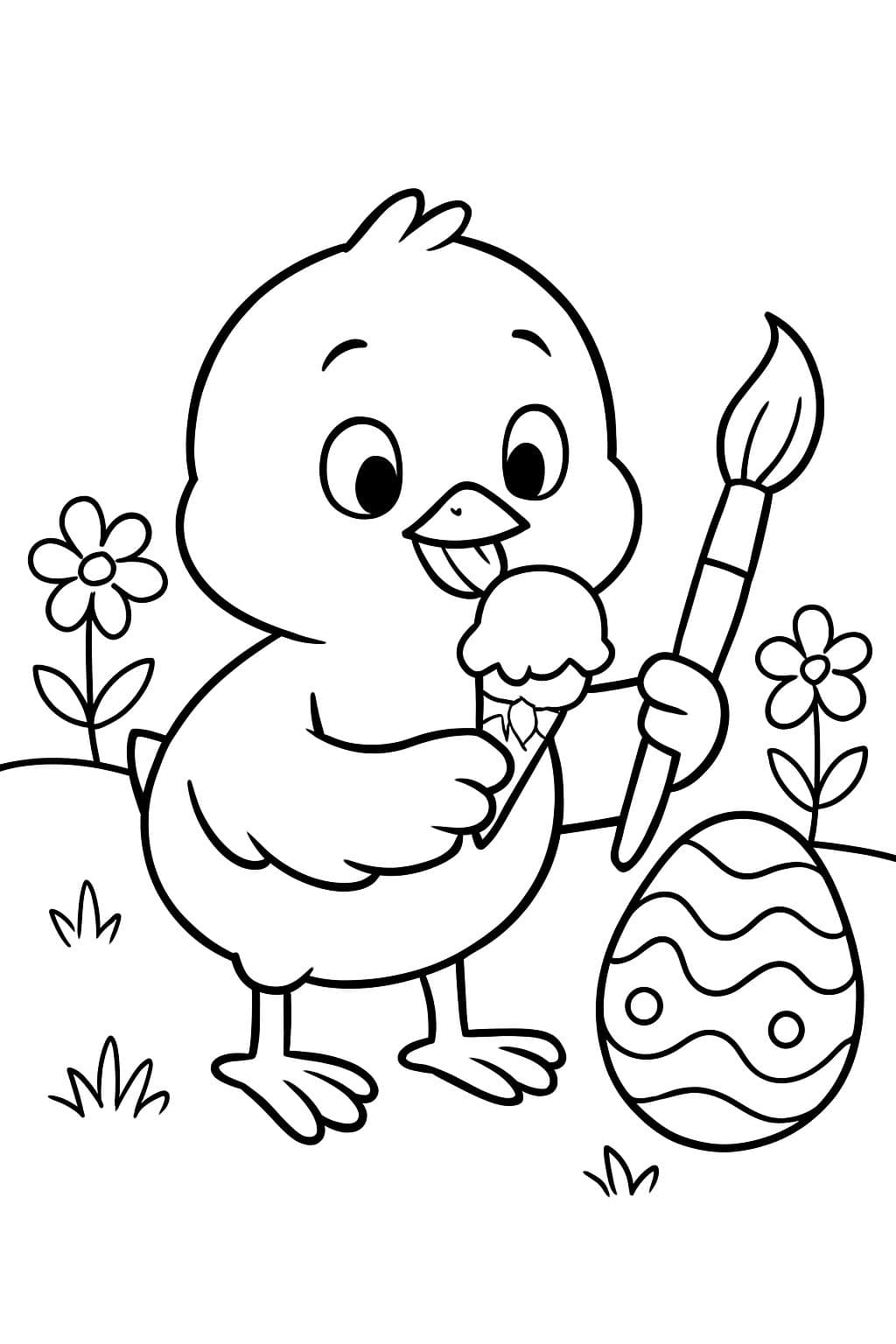 Un poussin avec un pinceau et un œuf coloré. Le poussin doit lécher une glace dans l'autre main et l'image n'a pas de nuages