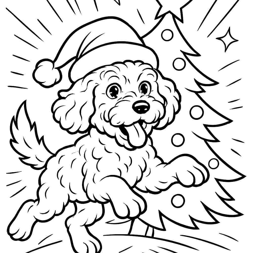 Cockapoo con gorro de Navidad y árbol de Navidad