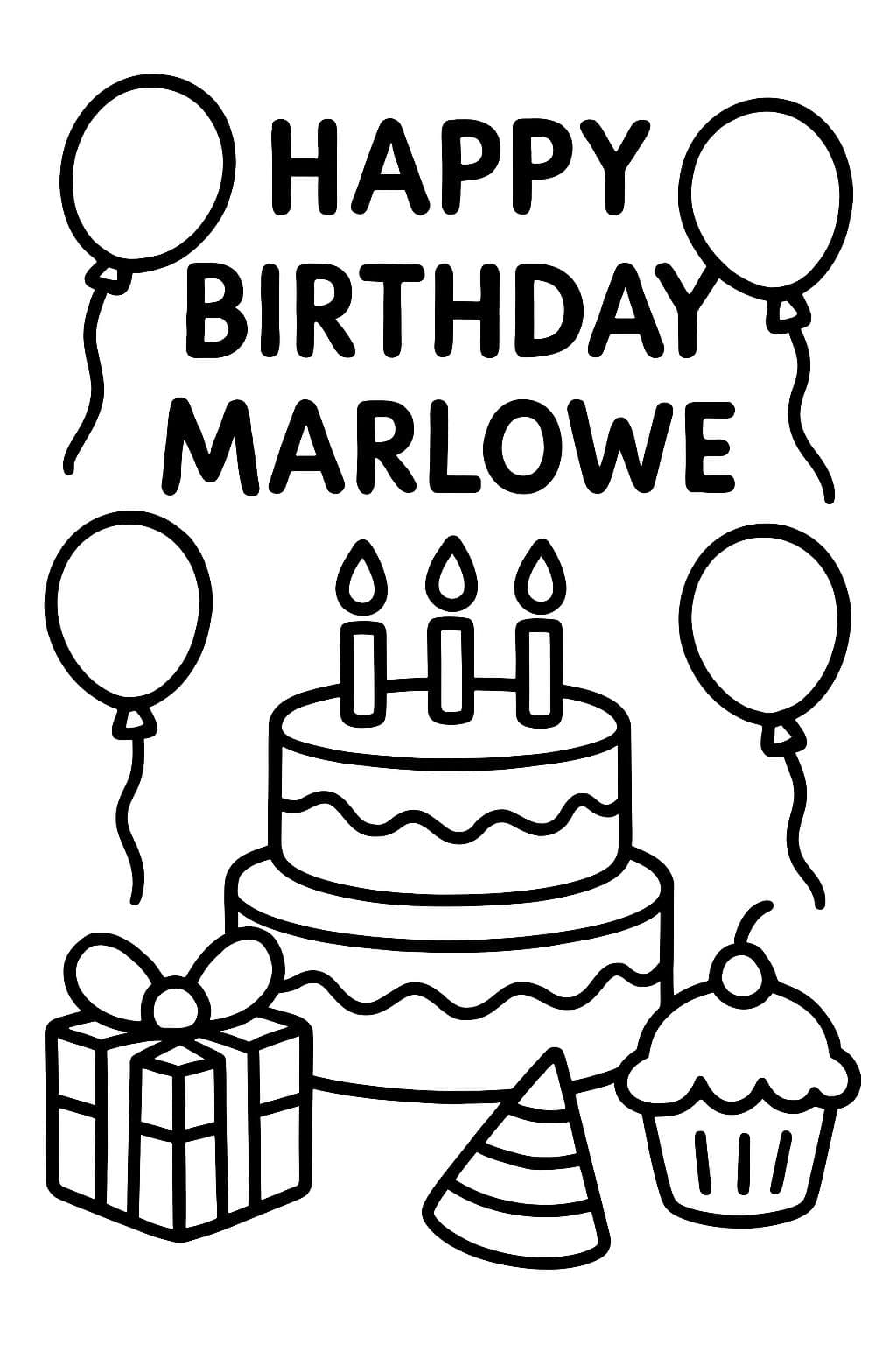 Alles Gute zum Geburtstag Marlowe mit Luftballons, Cupcakes und anderen Geburtstagsgegenständen