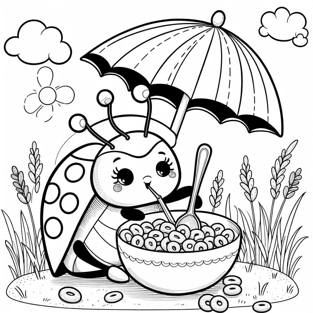 Una mariquita comiendo cereales bajo un paraguas.