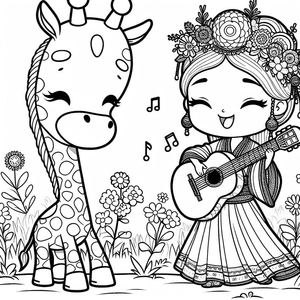 Eine Prinzessin und eine Giraffe, die Gitarre spielen.