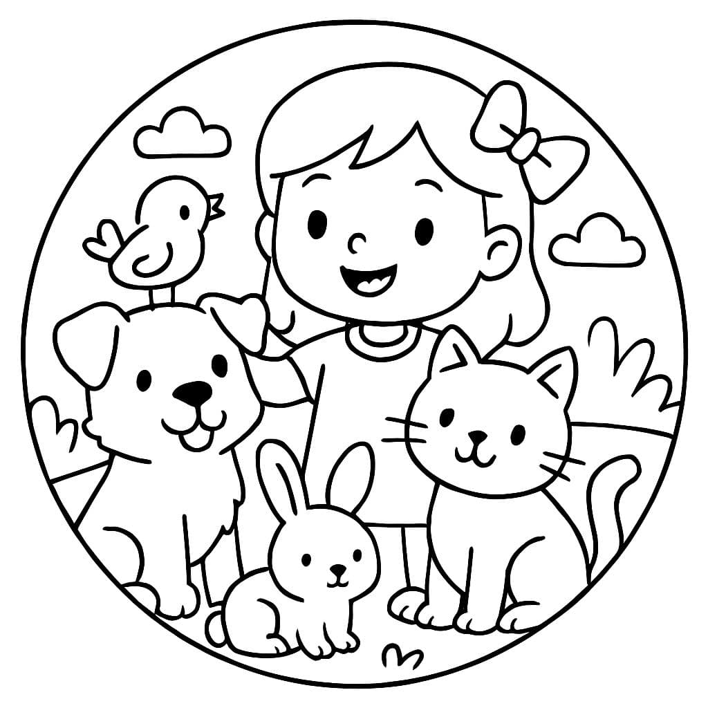 En forma de círculo, dibuja una niña con muchos animales
