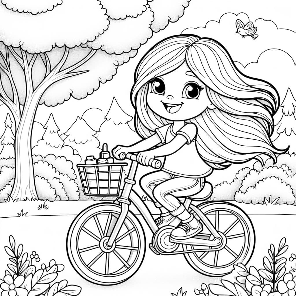 Niña rubia de nueve años con cabello largo en bicicleta