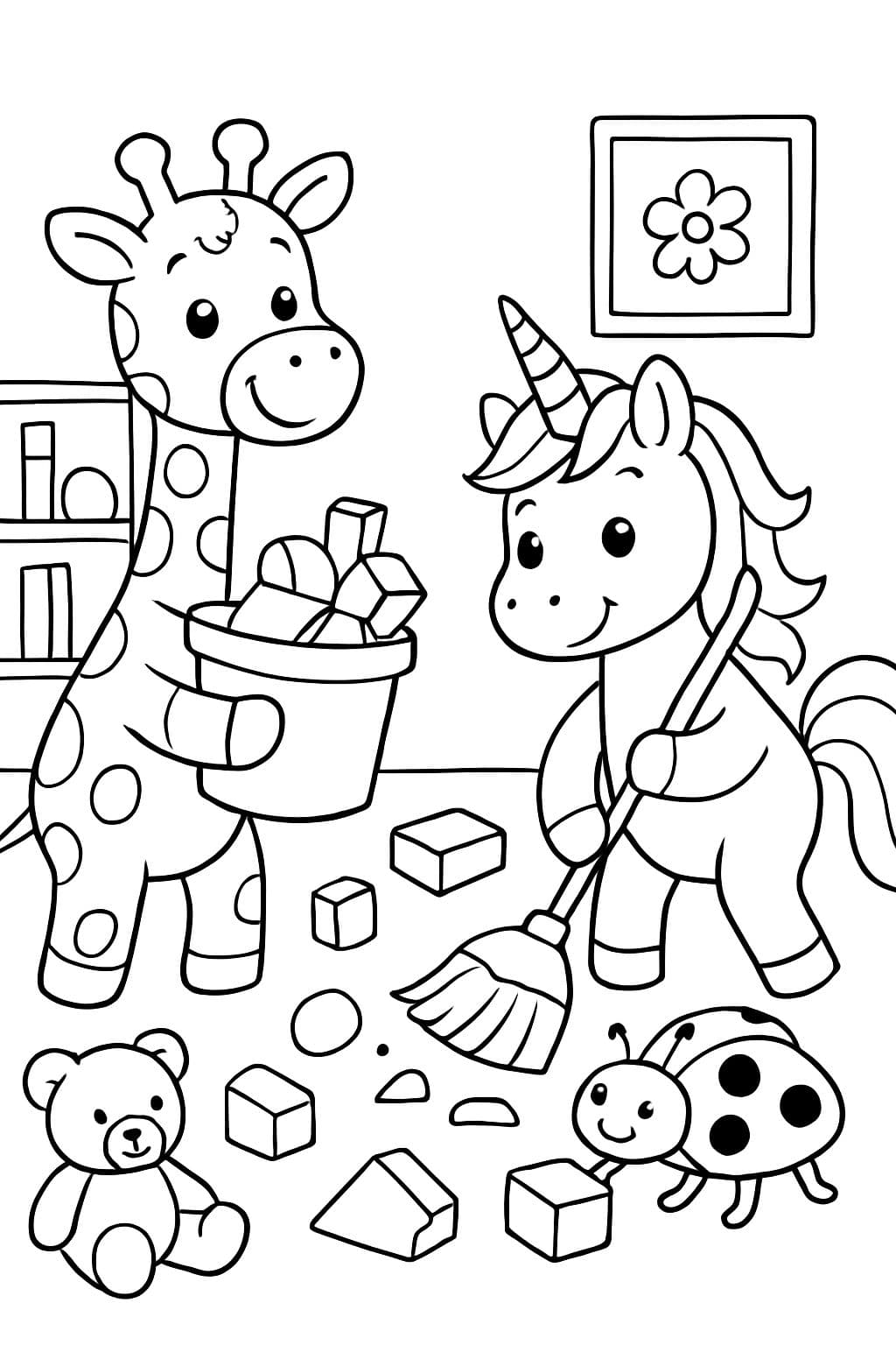Una jirafa, un unicornio y un escarabajo están limpiando una sala de juegos desordenada