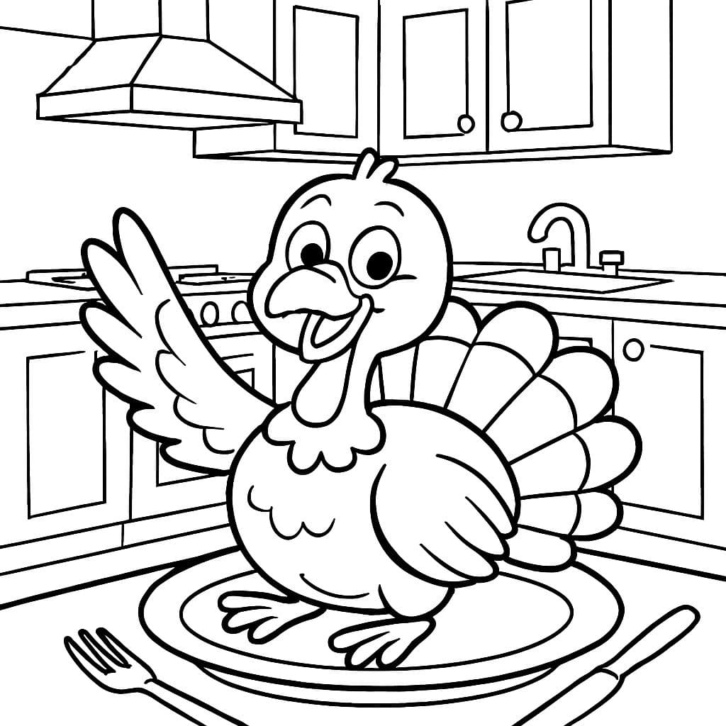 A live turkey on a table about to be eaten and there is a kitchen next to it.