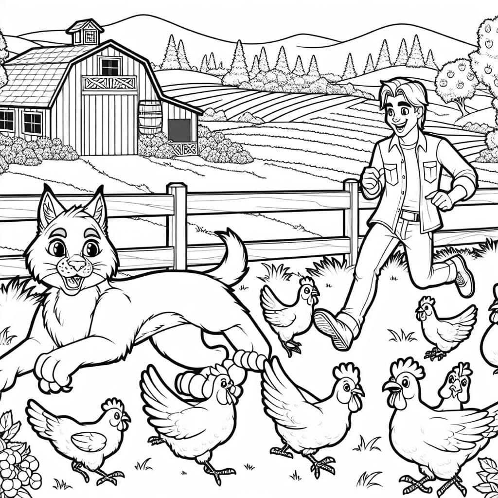 a bobcat chasing a dad and a flock of chickens