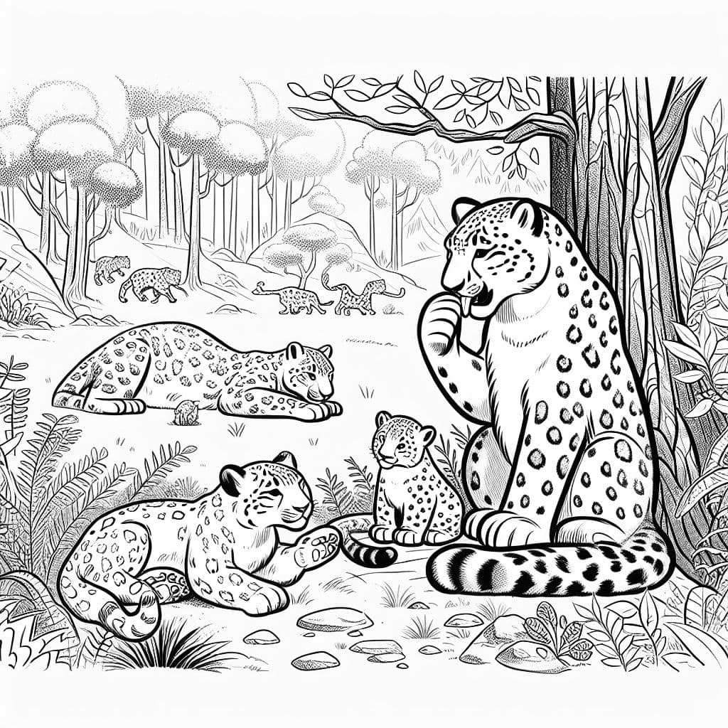 Família de leopardos das neves na floresta. Papai lambe a pata. O bebê está dormindo. A irmã mais velha está sentada direitinho no chão. Mamãe está deitada, mas acordada.