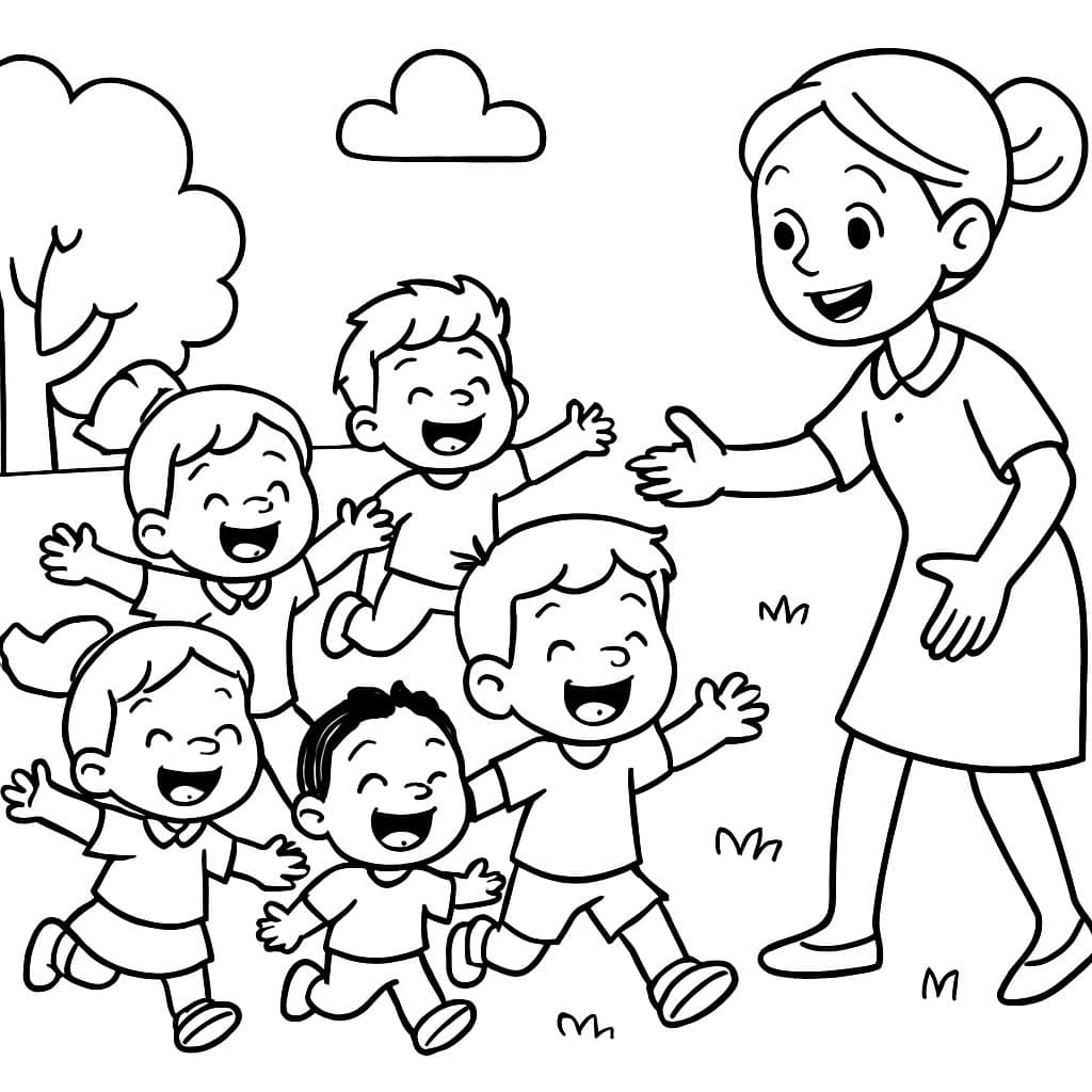 beaucoup de tout-petits riant en s'éloignant d'une éducatrice