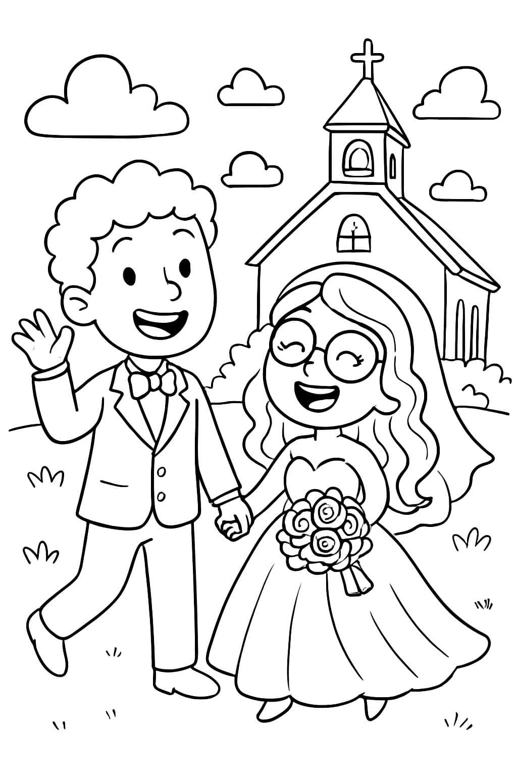 A man (with curly white hair) and a woman (with glasses and long curled hair) getting married in front of a chapel.