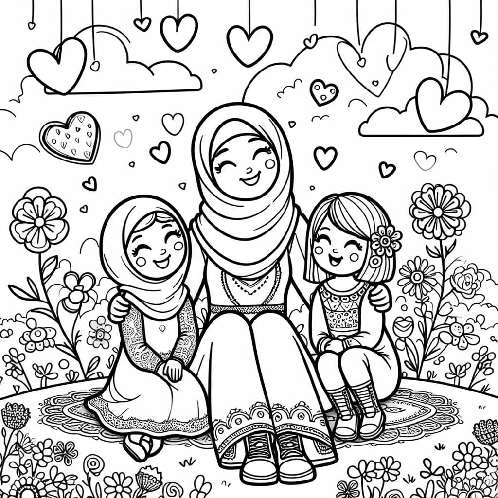 Une mère avec deux filles assises avec des fleurs et des cœurs dans le ciel.
