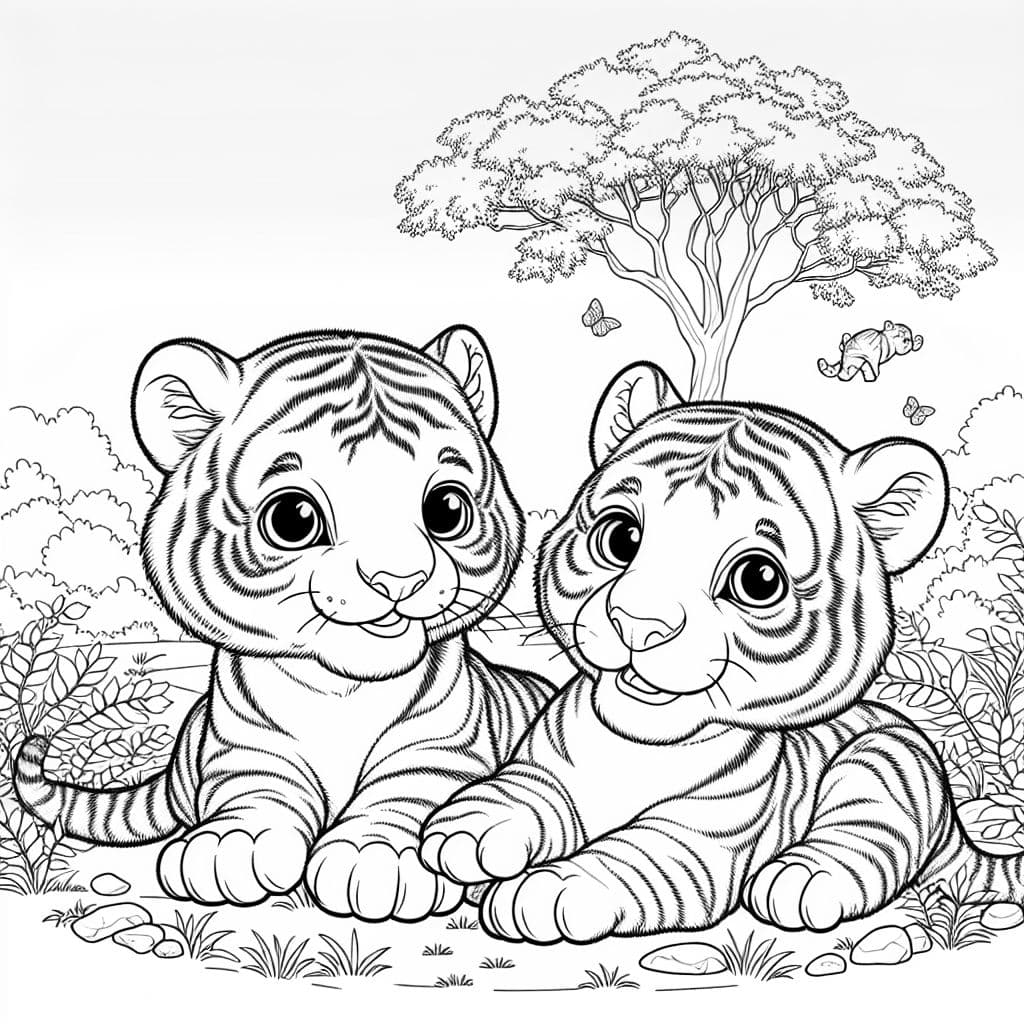 two realistic baby tigers playing together in a Savannah