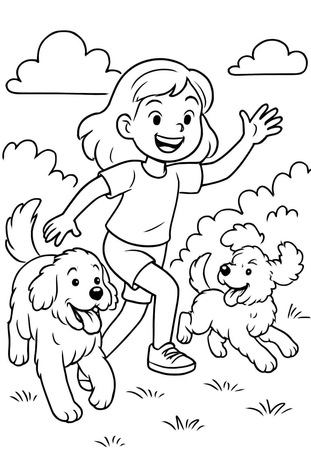 Una niña con un Bernadoodle y un Aussie doodle