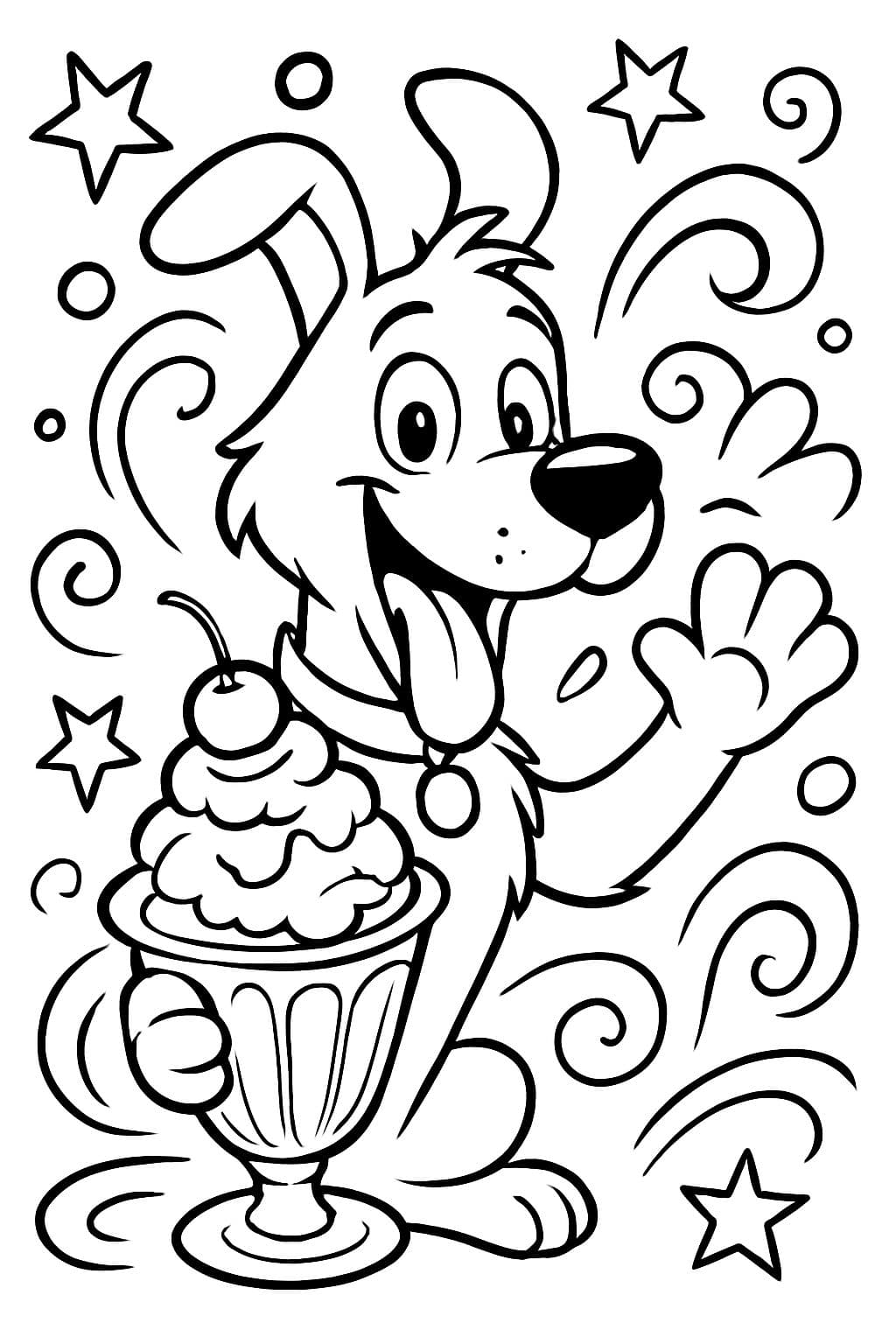 Un chien avec une coupe de glace avec Brusters écrit en haut et des motifs amusants sur les côtés.