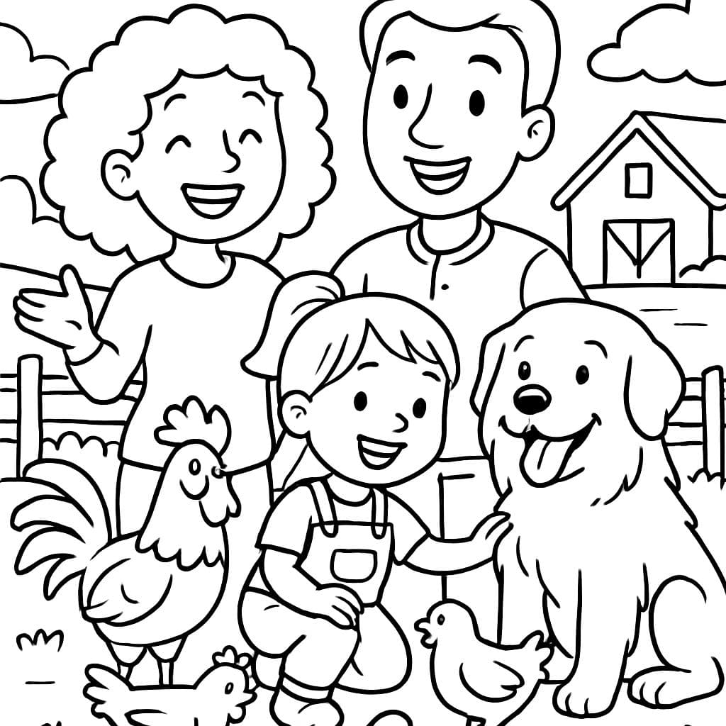 Maman avec des cheveux bouclés et papa avec des cheveux courts et une jeune fille avec des poules et un coq et un chien des Pyrenees