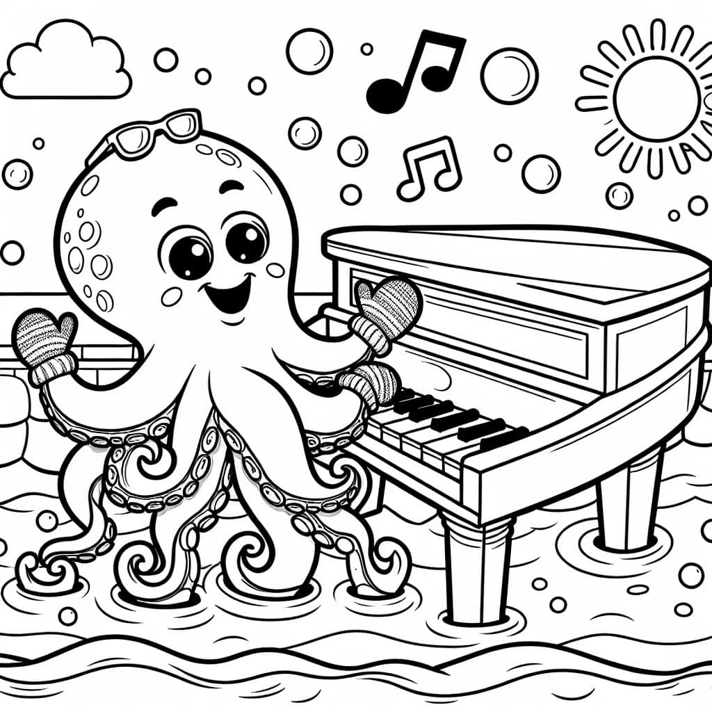 an octopus wearing mittens playing the piano in a swimming pool