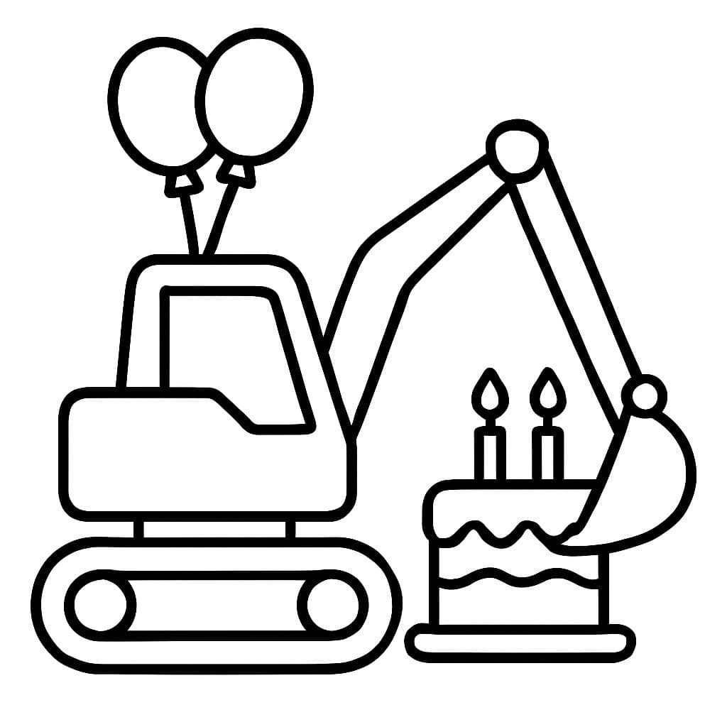 Excavadora con globos excavando un pastel de cumpleaños con 3 velas.