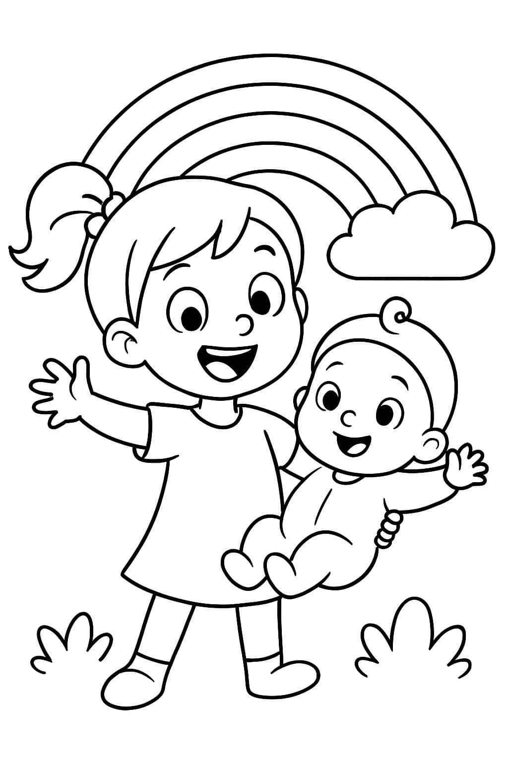 une grande soeur de 5 ans avec un bébé fille et un arc en ciel derrière