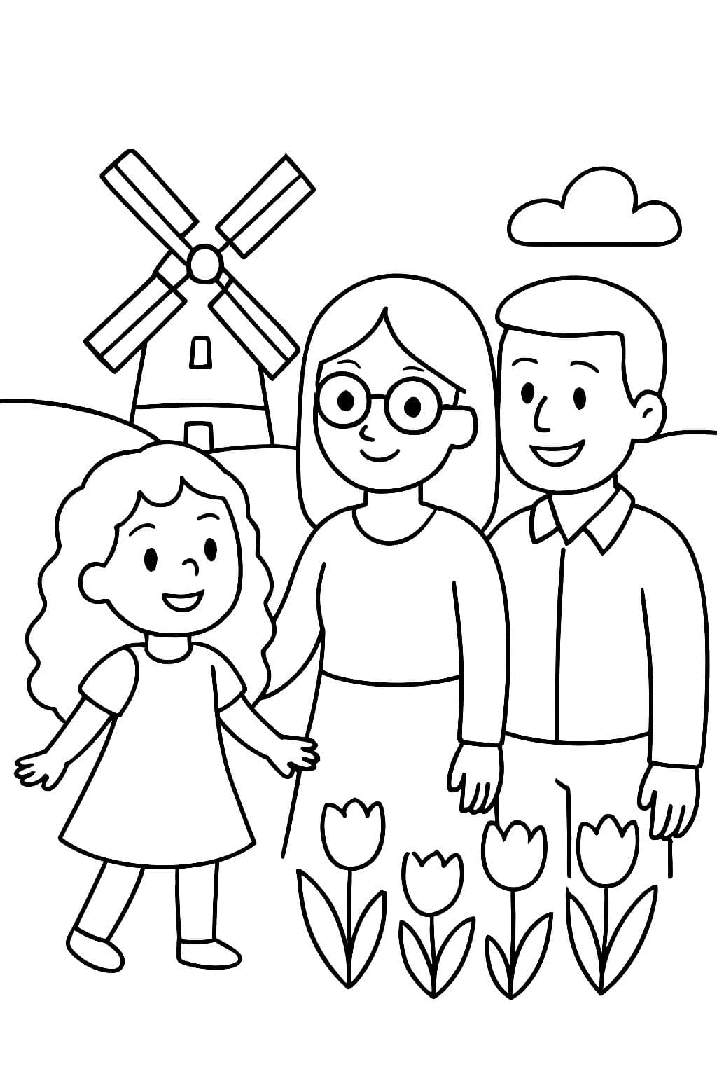 una niña pequeña con cabello rizado largo, una madre con gafas y un padre en Holanda.